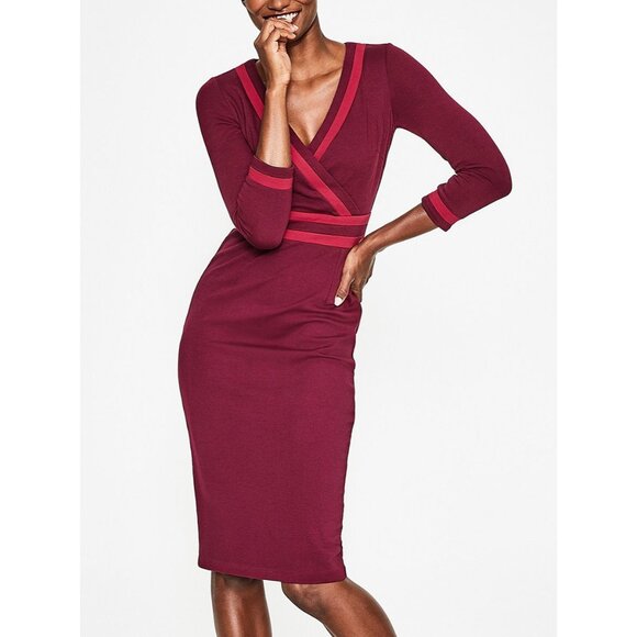 Boden Womens Knee-Length Dress UK 10 US 6 Mulled Wine Nellie Ponte V-Neck NWT - Picture 1 of 14